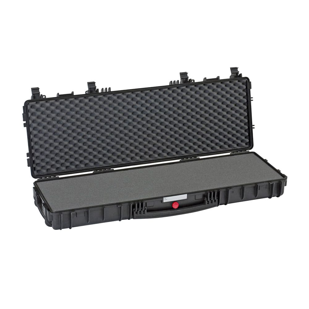 RED EXPLORER HARD CASE 45in PRE-CUBED FOAM - Open | Norma USA Hard black protective case with foam padding, lid open showing egg-crate foam on the lid and flat foam base.