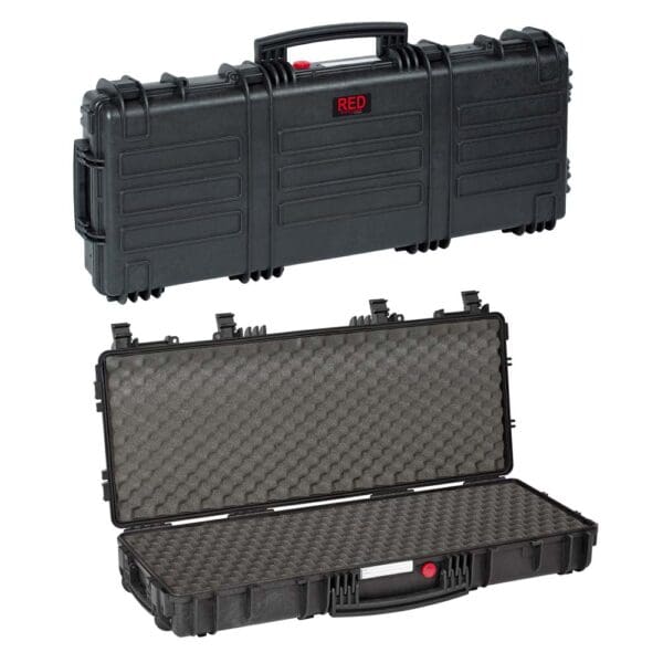 Black hard protective case with a red latch, shown closed and open to reveal dense foam padding inside for transporting delicate gear.