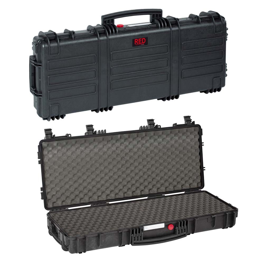 Black hard protective case with a red latch, shown closed and open to reveal dense foam padding inside for transporting delicate gear.