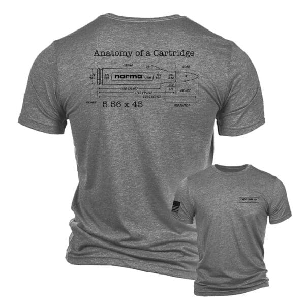 Gray heather T-shirt featuring a black 'Anatomy of a Cartridge' schematic with '5.56 x 45' text across the back.